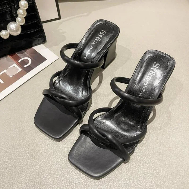 jinran Pure Color 2024 New Designer Summer Pumps Slippers Sandals Shoes Women Fashion High Heels Square Toe Line Strap Sandals Lady