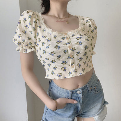 jinran Elegant French Style Summer Women Puff Sleeve Floral T shirts Casual Lace Patchwork Slim Cropped Tops Streetwear Harajuku Tee