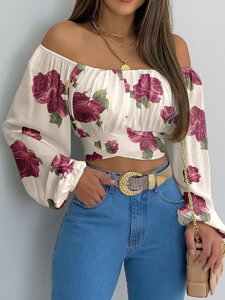 jinran Women Elegant Boho Print Blouse Casual Long Lantern Sleeve Off Shoulder Slim Shirt Female Chic Cropped Top Summer Tunics