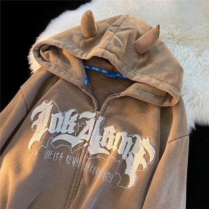 Y2k Little Cute Devil Horns Zip Up Hoodie Women Men Fall Long Sleeve Flocking Letter Hoodies Casual Zipper Oversized Jacket Coat