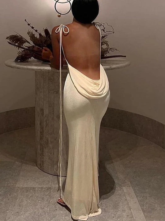 jinran Women Sexy Swing Collar Backless Sleeveless Maxi Prom Dress Drawstrings Elegant Bodycon Solid Party Dresses 2022 Summer