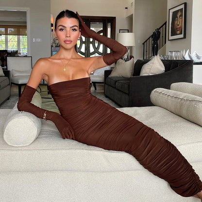 jinran Brown Strapless With Cuff Sleeve Long Dress For Women Gown Summer Off-shoulder Backless Ruched Maxi Dress Vestido