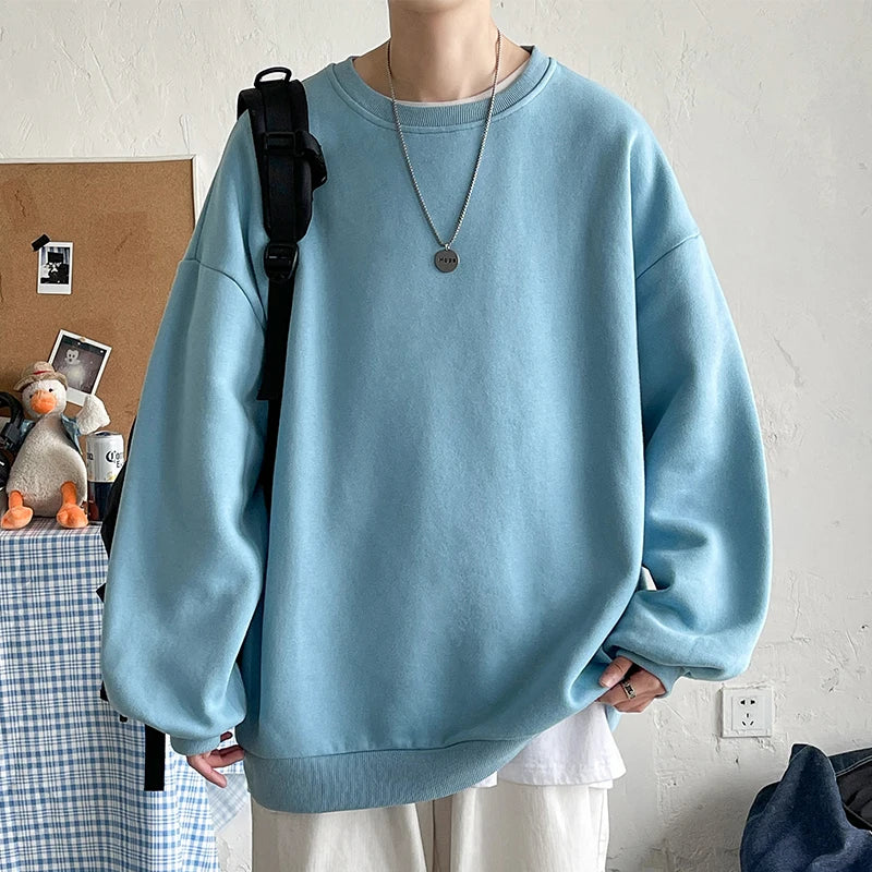 Harajuku Sweatshirts Men Korean Solid Color Basic O Neck Oversized Pullovers Spring Autumn Simple Fashion Casual Tops 5XL-M