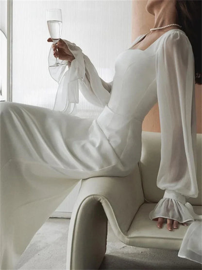 jinran White Ruffled Mesh Maxi Dress For Women High Waist Fashion Elegant Patchwork Slim Party Dress Female Lace-Up Long Dress