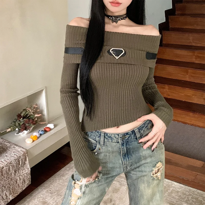 jinran Women Off Shoulder Slash Neck Sweater Long Sleeve Knitwear Solid Pullovers Sexy Girl Street Short Tops Y2k 2024 Fall Winter