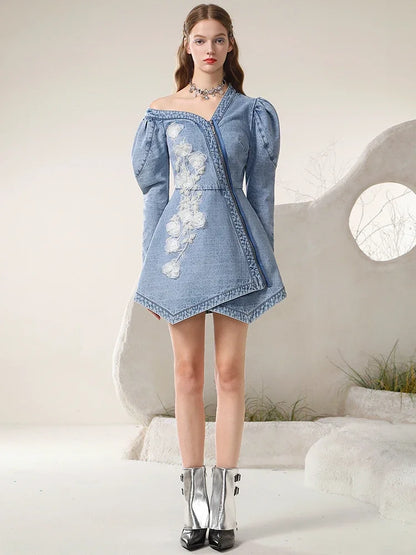 jinran Spring 2024 New Irregular Sexy Cold-Shoulder Mesh Flower Famale Dress New Chinese Style Denim A-LINE Women Dresses
