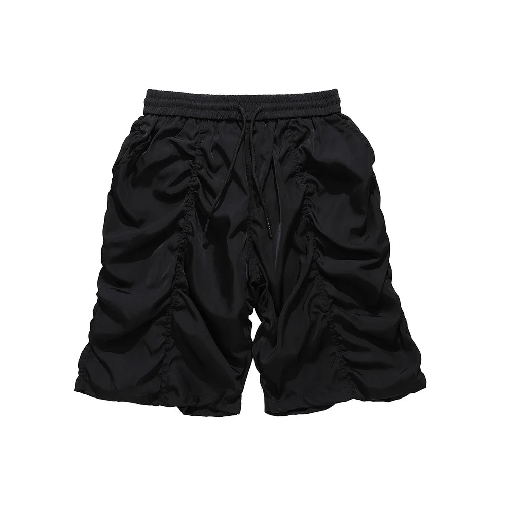 Y2K Summer Thin Qucik Dry Drawstring Shorts Men's Ruched Streetwear Wide Leg Baggy Five Point Pants Oversized Pleated Short