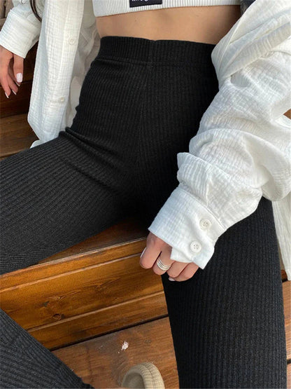 jinran Black Ribbed Knit Leggings Women High Waist Cotton Fitness Basic Pants Casual Spring New All-Match Female Skinny Leggings