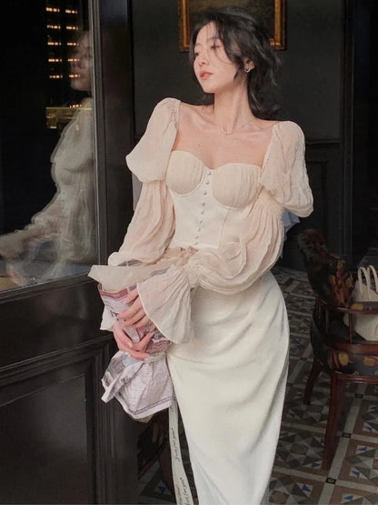 jinran Elegant Party Dresses For Women Vintage Long Dress Off Shoulder Long Sleeve Autumn Spring Prom Robe Slim One Piece Vestidos New