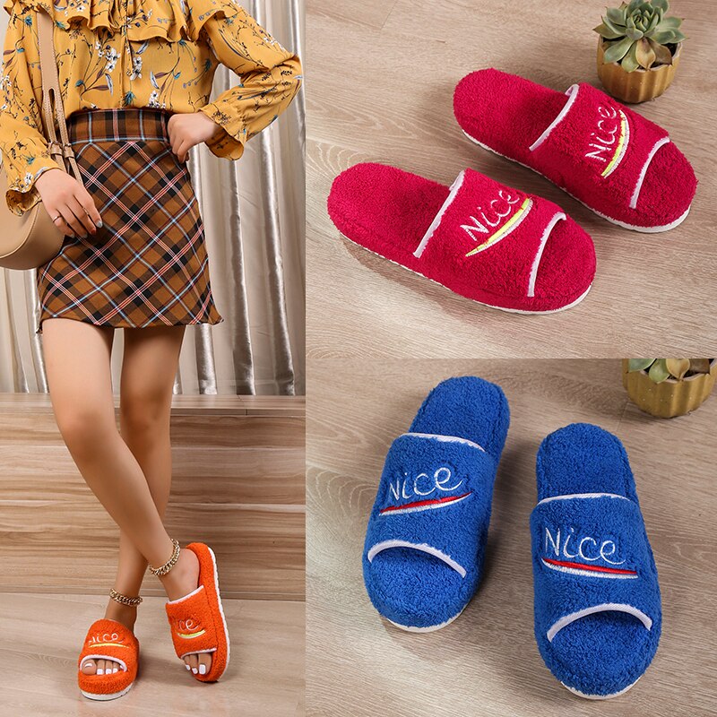 jinran 2022 Women New Luxury Brand One-word Thick-soled Warm Furry Women's Shoes Embossed Cotton Drag Outdoor All-match Casual Slippers