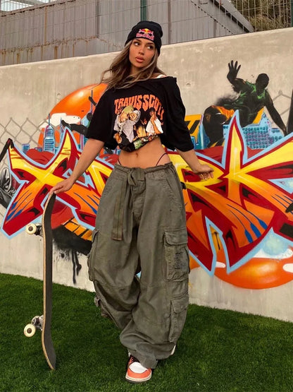 jinran Women's High Waisted Cargo Pants Travel Y2K Streetwear Baggy Stretchy Pants with 6 Pockets Drawstring Ankle Cuffs