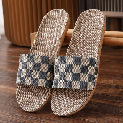 jinran New Checkerboard Linen Slippers Women 2022 Summer Indoor Home Shoes Household Non-slip Couple Four Seasons Men's Sandals Y