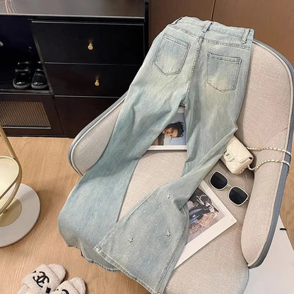 jinran Heavy-Duty Star Rhinestone Shiny Light Blue Jeans Women's Summer High Waist Slim Stretch Flared Pants