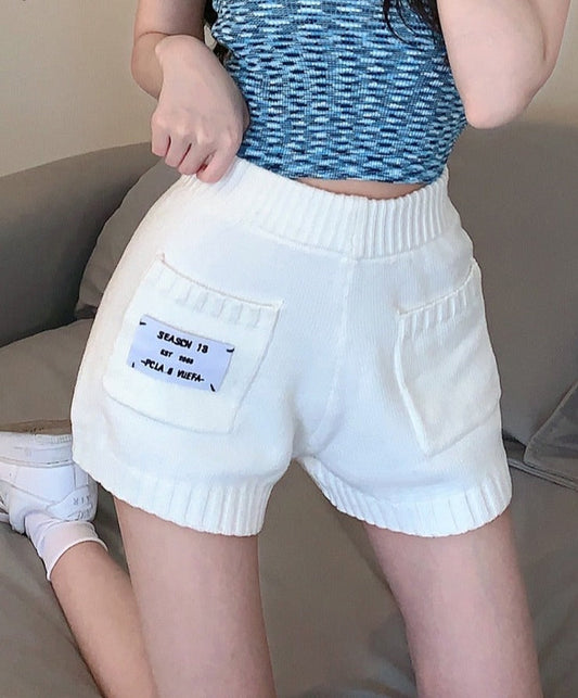 jinran Summer All-match Slim Letter Patch Knitted Shorts Female Casual Pockets White Women's Shorts Sexy Lady Elastic Waist