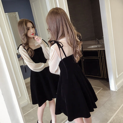 jinran Spring New Elegant Two Piece Dress for Women Women Winter Korean A-Line O-Neck Tops and Black Sundress Streetwear Dress Vestidos