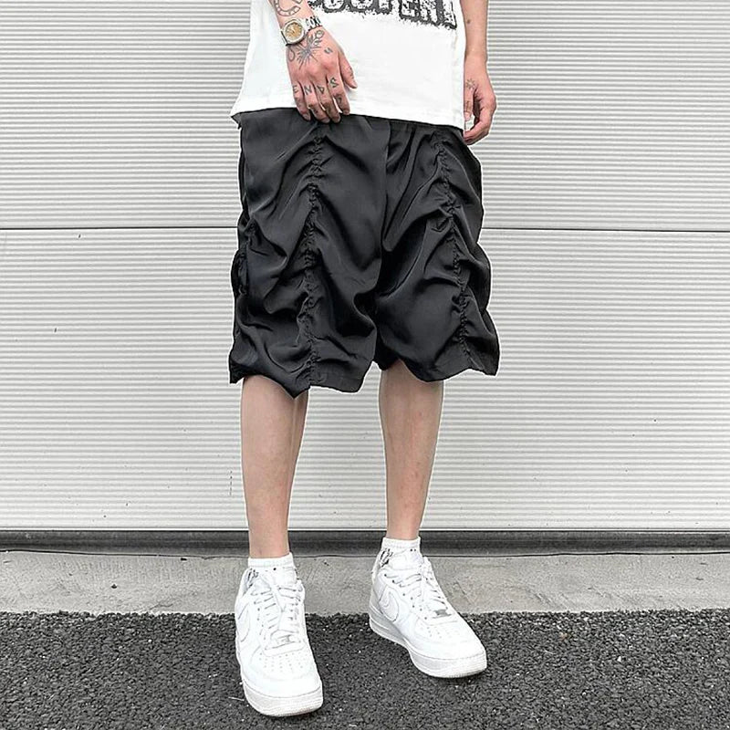 Y2K Summer Thin Qucik Dry Drawstring Shorts Men's Ruched Streetwear Wide Leg Baggy Five Point Pants Oversized Pleated Short