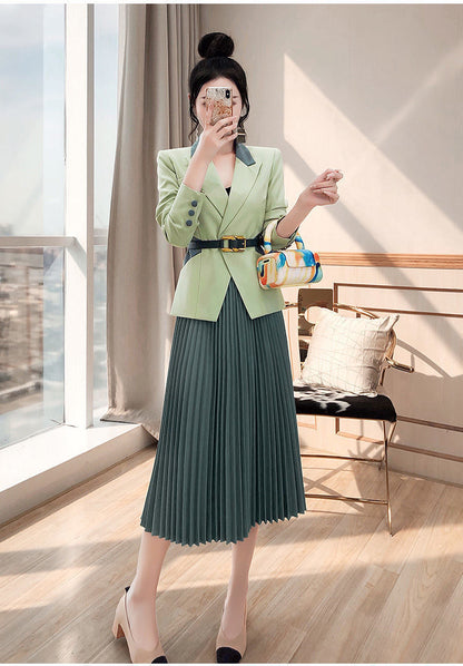 jinran 2022 Spring New Women's Two Pieces Suit Set Office Lady French Graceful Coats+Pleated Skirts Sets with Waistband Green Clothing