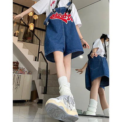 jinran Women Streetwear Kawaii Denim Shorts Overalls Lady Fashion Embroidery Oversize Wide Leg Jeans Female Y2k Clothes Deep Blue Pants