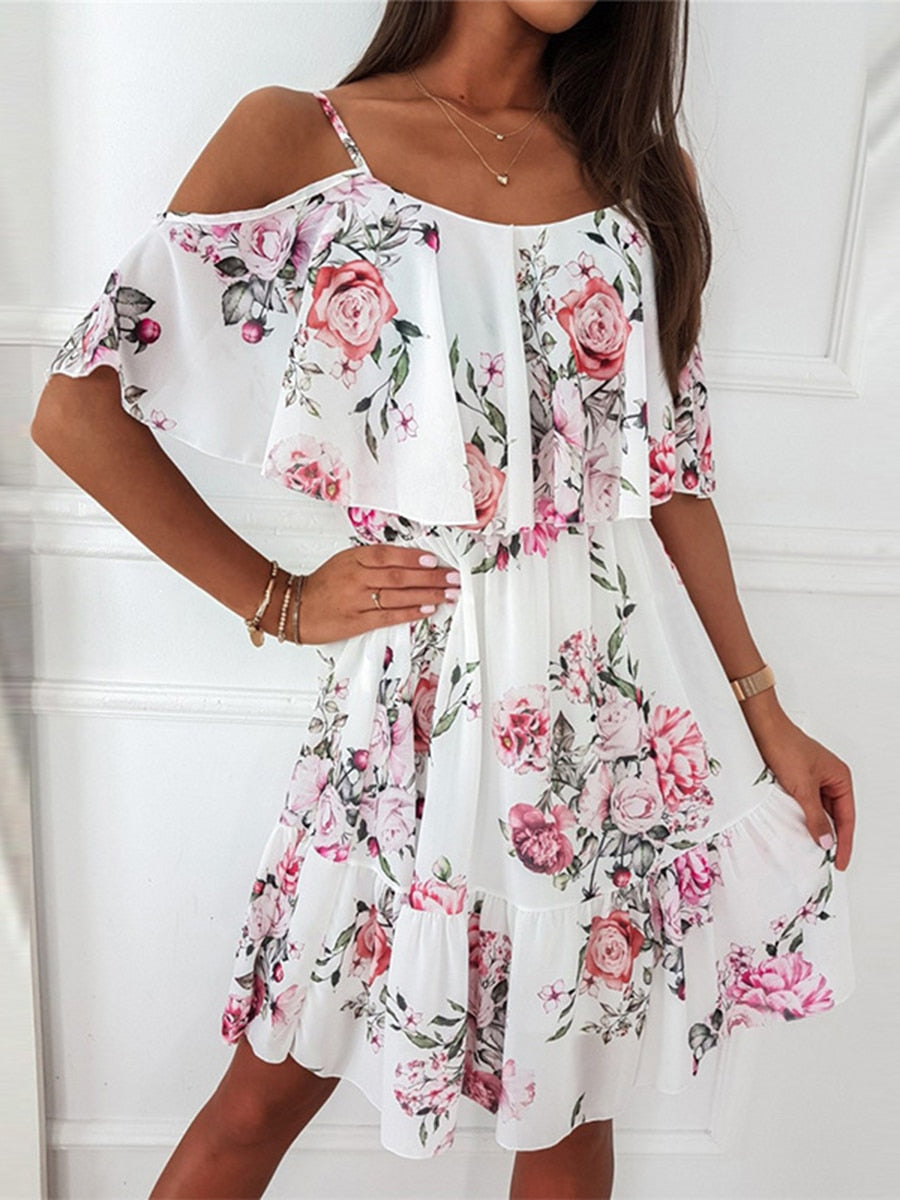 jinran Sexy Spaghetti Strap Woman Dress Summer Floral Print Off Shoulder Sundress Elegant Chiffon A-Line Beach Boho Dresses Vestidos