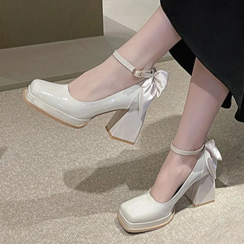 jinran 2024 Spring Casual Party Mujer Zapatos Versatile Solid Color Patent Leather Mary Jane Shoes Fashion Bow Brand Design High Heels