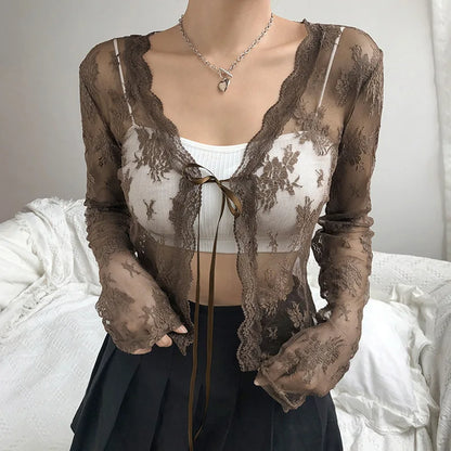 jinran Autumn White T-shirt For Women New V-Neck Long Sleeves Lace-up Sexy Lace Crop Top Fashion Floral T Shirt Female Streetwear Tops