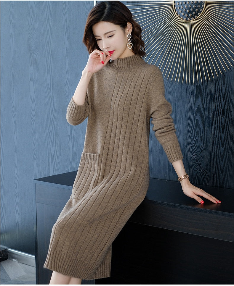 jinran Half High Collar Sweater Dress for Women In Autumn Winter New Medium Long Bottoming Sweater Knitted Pullover Streetwear Dresses