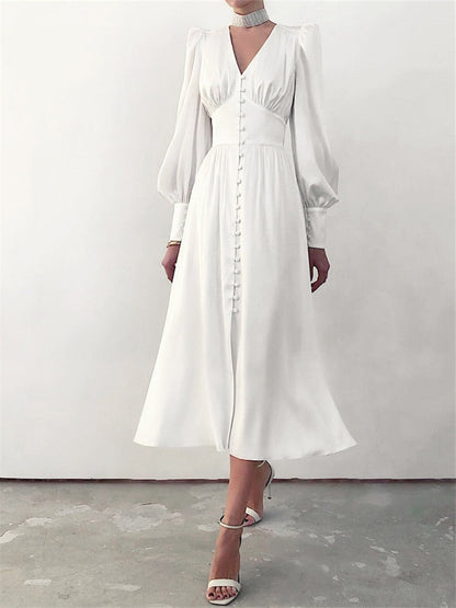 jinran Women Autumn Puff Sleeve Elegant Dress Long Sleeve V Neck Slim Waist Long Dress Korean Fashion Vintage Dresses Female