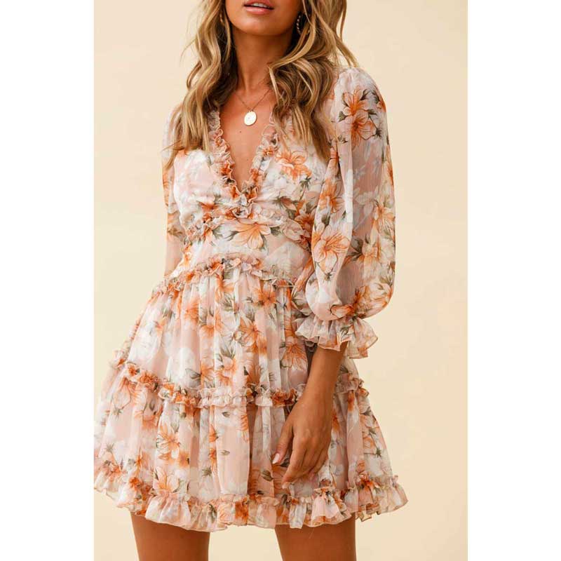 jinran Harlow Floral Print Ruffle Dress women backless V-neck dress women mini summer dress ladies  party dress