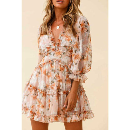 jinran Harlow Floral Print Ruffle Dress women backless V-neck dress women mini summer dress ladies  party dress