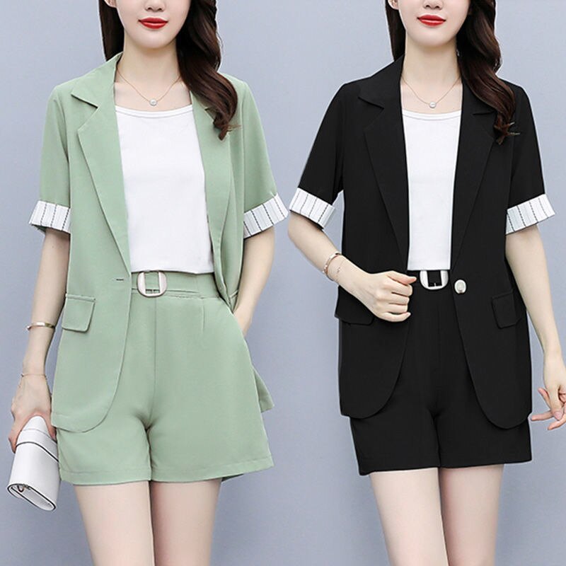 jinran 2022 Korean Style Summer New Elegant Women's Shorts Suit Short Sleeve Blazer Belt Decorative Shorts White Vest Three Piece Set