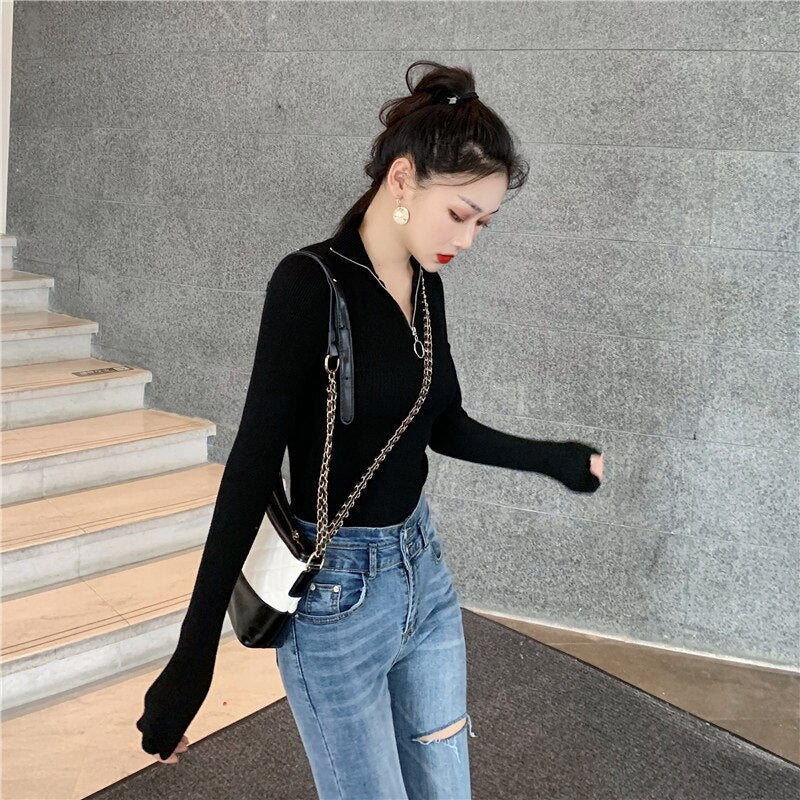 jinran New Fashion Woman Sweaters Women's Outer Wear Black Turtleneck Sweater Autumn Winter Zipper Pullover Slim Fit Sweater Tops