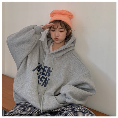 jinran Korean Fashion New Grey Loose Fleece Pullover Vintage Pocket Letter Printing Sweatshirt Lazy Casual Raglan Sleeves Hoodie Autumn