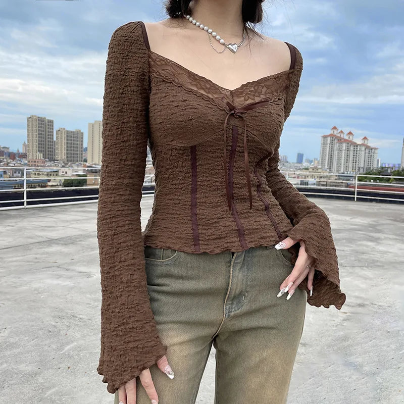 jinran Folds V Neck Women's Crop Top Elegant Lace Patchwork Slim Brown Vintage T-shirt Lady Fashion Streetwear Summer Autumn Outfit