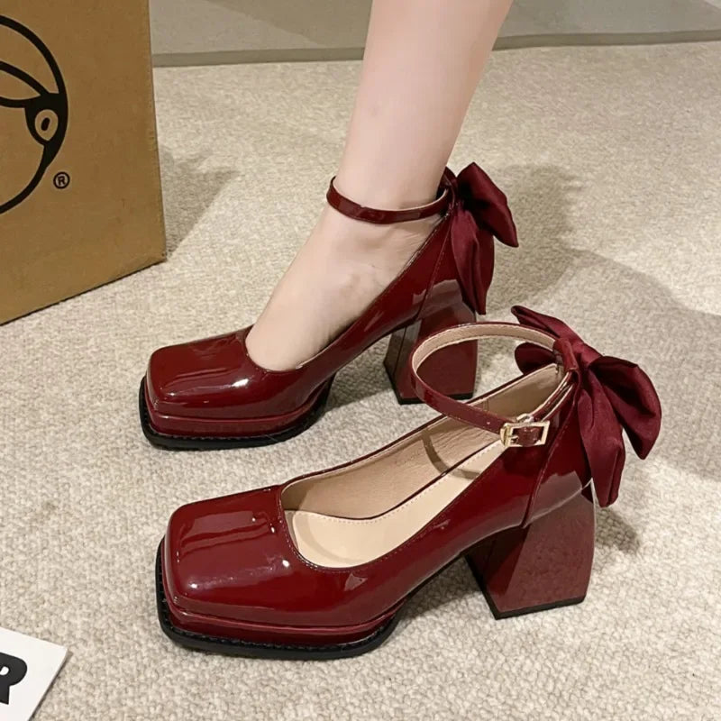 jinran 2024 Spring Casual Party Mujer Zapatos Versatile Solid Color Patent Leather Mary Jane Shoes Fashion Bow Brand Design High Heels