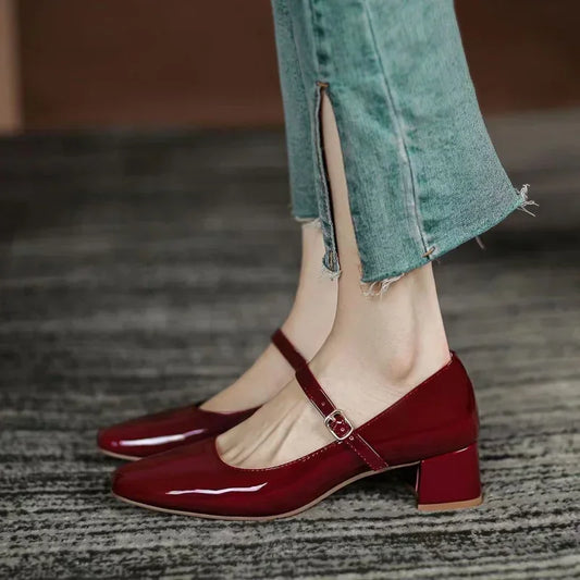 jinran Women Chunky Heel Shoes 2023 Spring Pu Leather Buckle Strap Mid Heels Women Mary Jane Shoes Dress Office Shallow Ladies Shoes