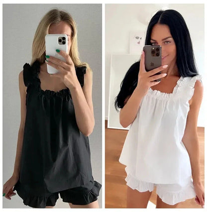 jinran Ruched New Sleepwear Women's Cotton White Sleeveless Pajama Sexy Backless Summer Suit For Women Solid Loose Nightwear