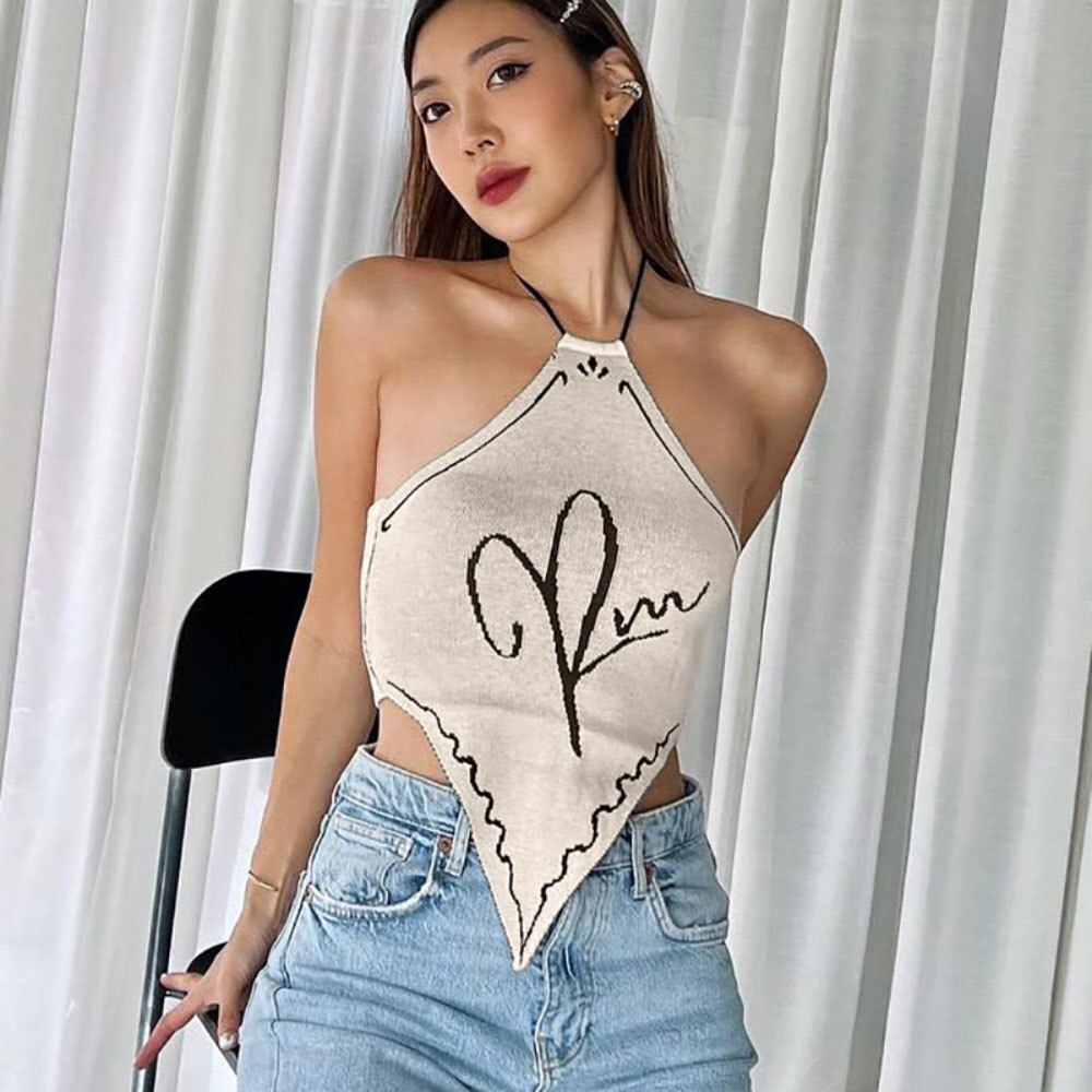 jinran Crop Tops Sexy Y2K Clothes Lace Up Sleeveless Backless Halter Vintage Streetwear Summer Women Knitted Vacation Festival