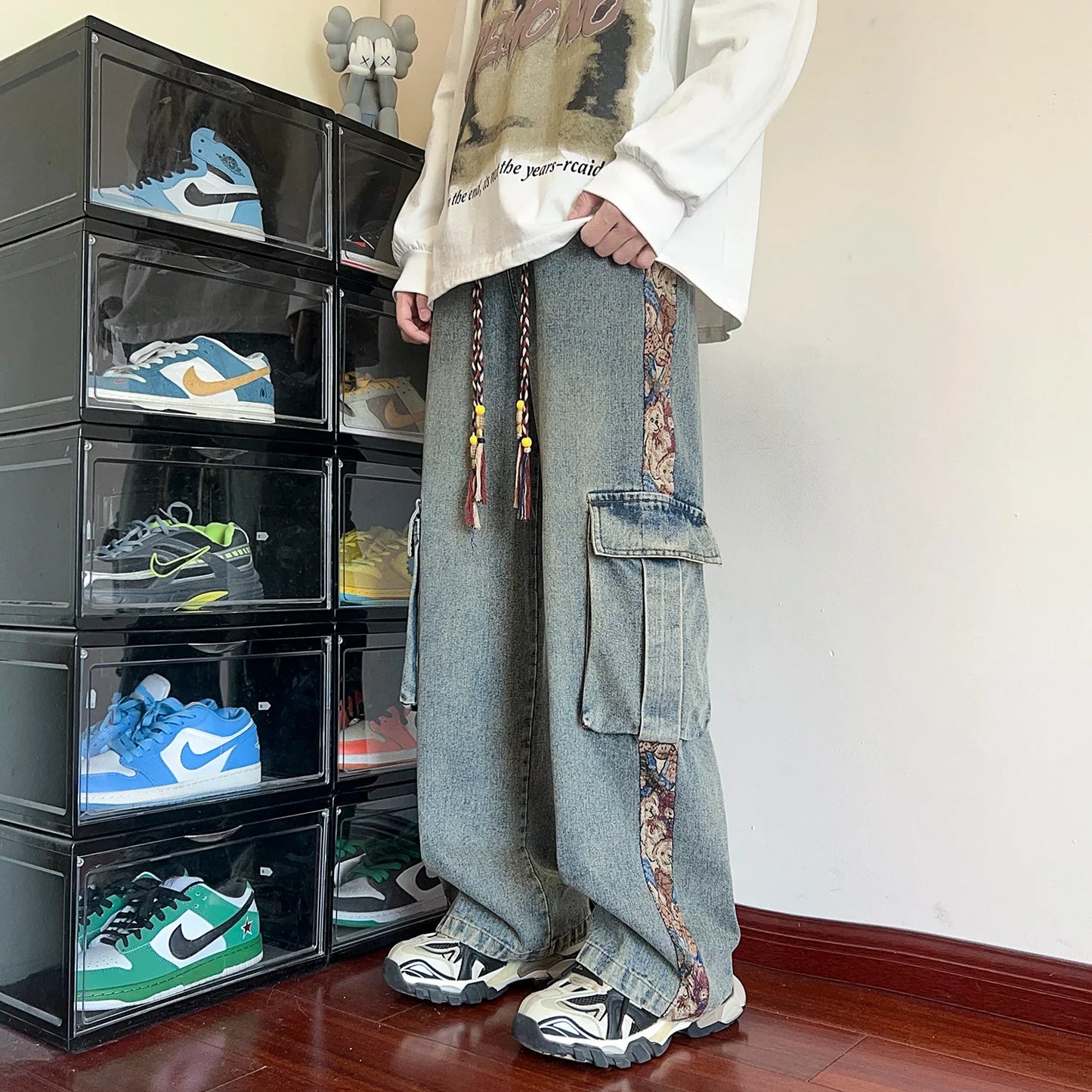 Spring New Men's Patchwork Cargo Jeans Oversized Wide Leg Trousers Men Big Pockets Hip Hop Streetwear Fashion Blue Denim Pants