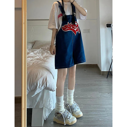 jinran Women Streetwear Kawaii Denim Shorts Overalls Lady Fashion Embroidery Oversize Wide Leg Jeans Female Y2k Clothes Deep Blue Pants