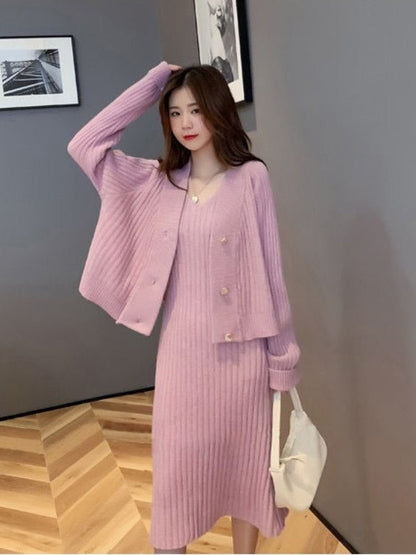 jinran Womans Clothes for Autumn Winter Loose Solid Knitwear Women's Two Piece V-Neck Casual Dress Set Long Sleeve Sweater Skirt