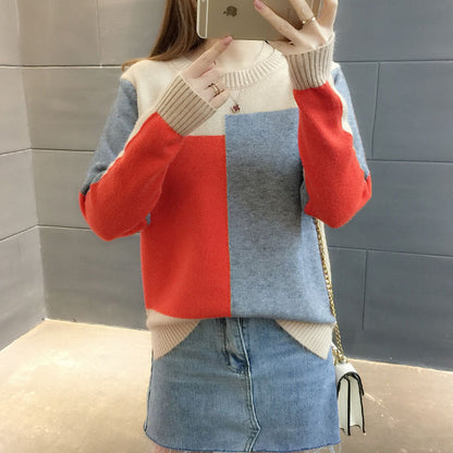 jinran Casual Irregular Autumn Winter O-Neck Women's Clothing Spliced Medium Strech Patchwork Thick Loose Bright Colors Pullovers New