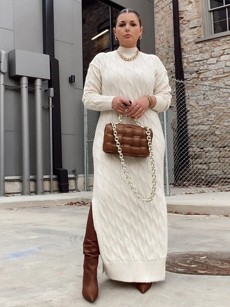 jinran White Knitted Dress Lady Long and Elegant Plus Size Clothes Sweater Dresses for Women Thick Winter Dress Wholesale Dropshipping