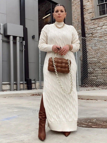 jinran White Knitted Dress Lady Long and Elegant Plus Size Clothes Sweater Dresses for Women Thick Winter Dress Wholesale Dropshipping