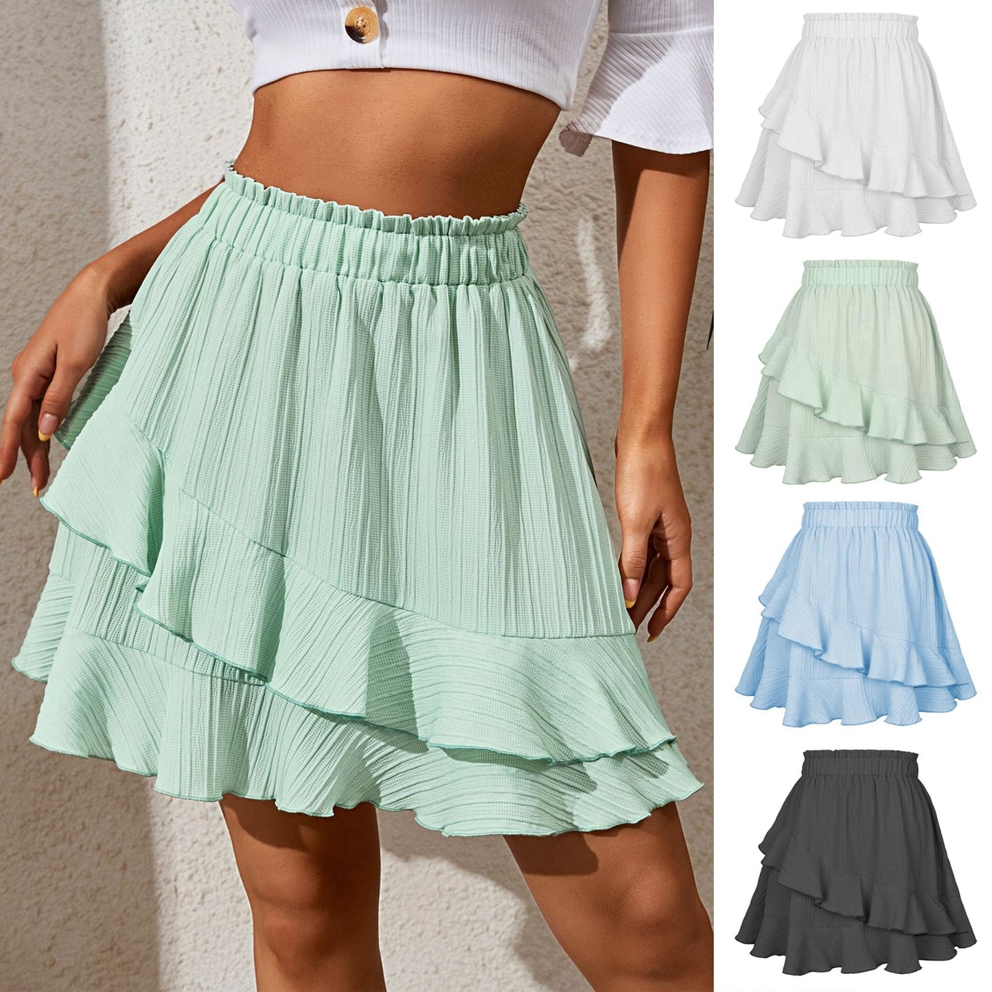 jinran Summer Sweet Ruffles Solid Color Women Mini Skirt Korean Fashion Elastic Waist Cute Skirts Party Club Streetwear