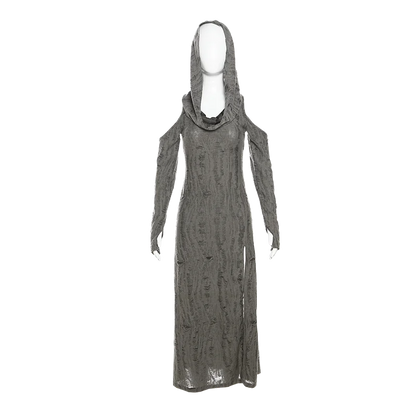 jinran Waste Soil Style Distressed Hooded Dress Elegant Slim Slimming and Shoulder Hollow Design for Women Spring Summer