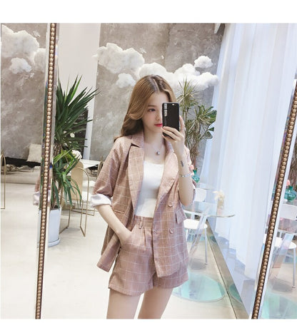 jinran Spring Summer Women Thin Casual Blazer Korean Fashion Graceful Plaid Suit Coat+Short Pants Two Pieces Set Workwear Female