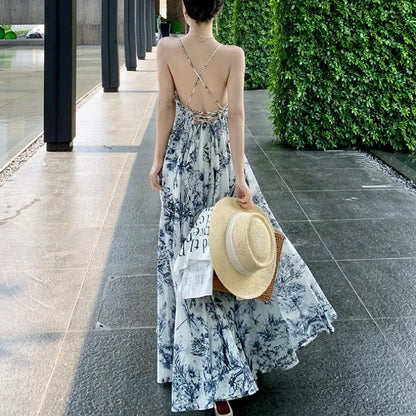 jinran Elegant Floral Print Spaghetti Strap Boho Maxi Dress Women Summer Sexy Cross Backless Casual Beach Vacation Dress Vestidos