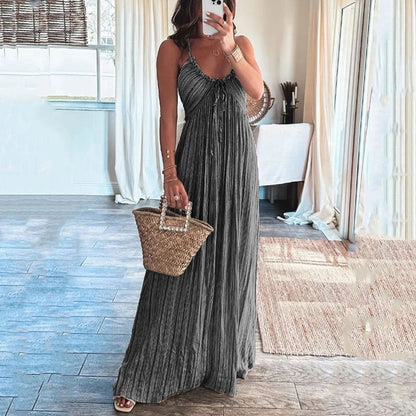 jinran Women Maxi Dress Summer Casual Printed Halter Sleeveless V Neck Lace Up Backless Beach Loose Dresses High Streetwear