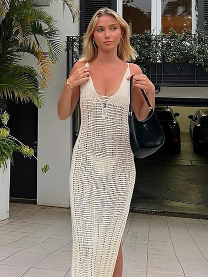 jinran  Women Knitted Backless Sexy Spaghetti Strap Maxi Dresses  Holiday Hollow Out Split Long Dress Summer Beach Clothes 2024