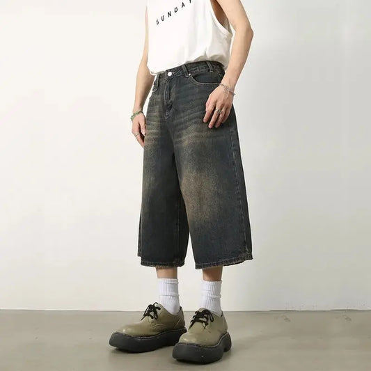 American Retro Summer Calf-Length Denim Pants Jeans Men High Street Over Knee Wide Leg Straight Shorts Casual Oversized Shorts